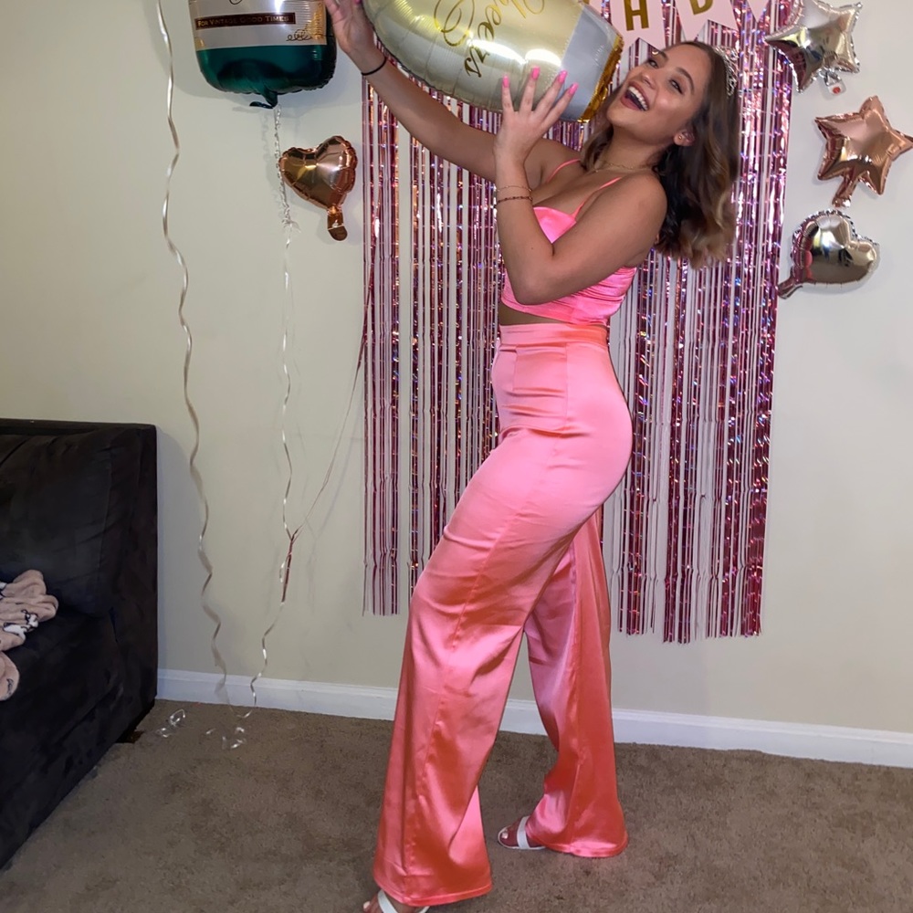 neon pink satin pants